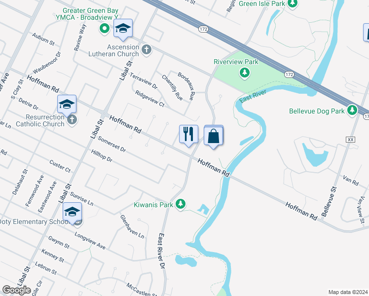 map of restaurants, bars, coffee shops, grocery stores, and more near 723 Hoffman Road in Allouez