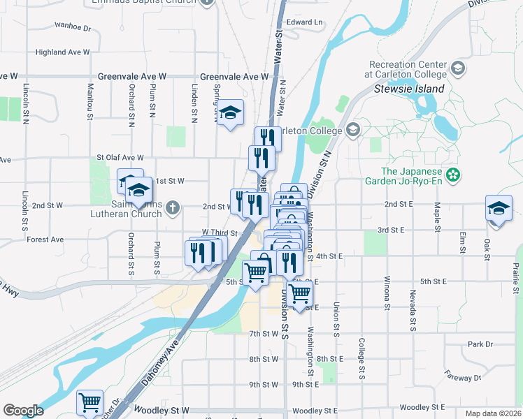 map of restaurants, bars, coffee shops, grocery stores, and more near in Northfield