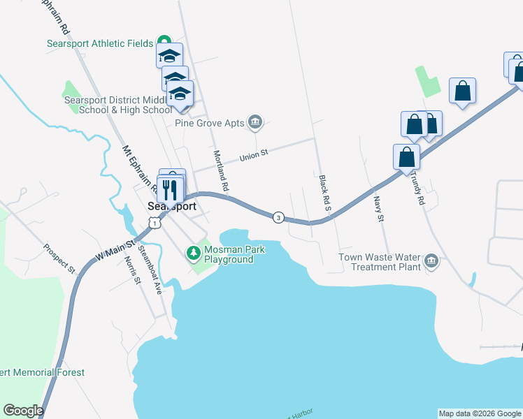 map of restaurants, bars, coffee shops, grocery stores, and more near 88 East Main Street in Searsport