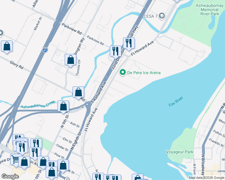 map of restaurants, bars, coffee shops, grocery stores, and more near 1230 Fort Howard Avenue in De Pere