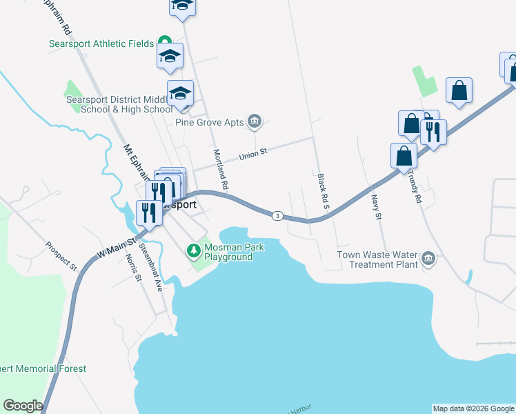 map of restaurants, bars, coffee shops, grocery stores, and more near 88 East Main Street in Searsport