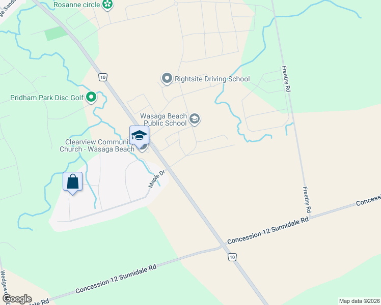 map of restaurants, bars, coffee shops, grocery stores, and more near 15 Union Boulevard in Wasaga Beach