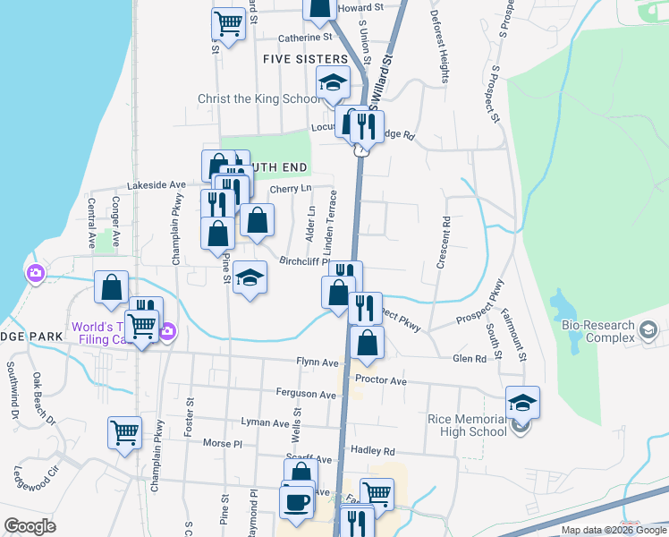 map of restaurants, bars, coffee shops, grocery stores, and more near 147 Birchcliff Parkway in Burlington