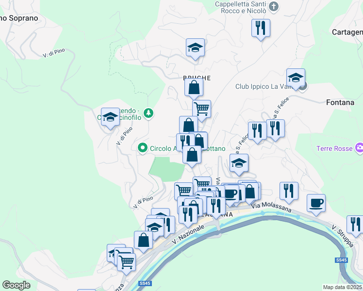 map of restaurants, bars, coffee shops, grocery stores, and more near 2 Salita di Pino Sottano in Genova