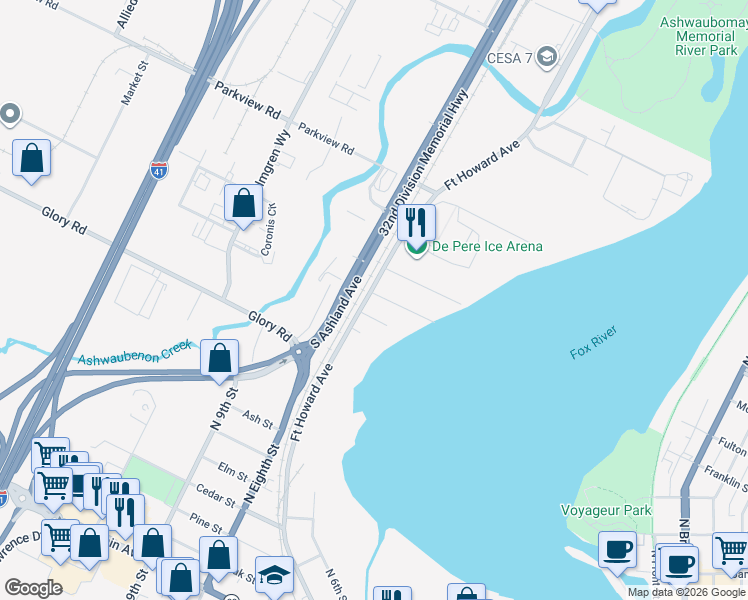 map of restaurants, bars, coffee shops, grocery stores, and more near 1230 Fort Howard Avenue in De Pere
