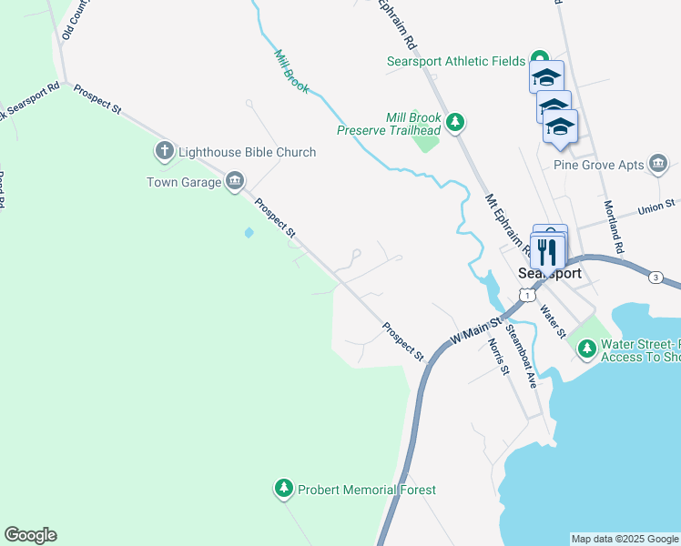 map of restaurants, bars, coffee shops, grocery stores, and more near 81 Prospect Street in Searsport