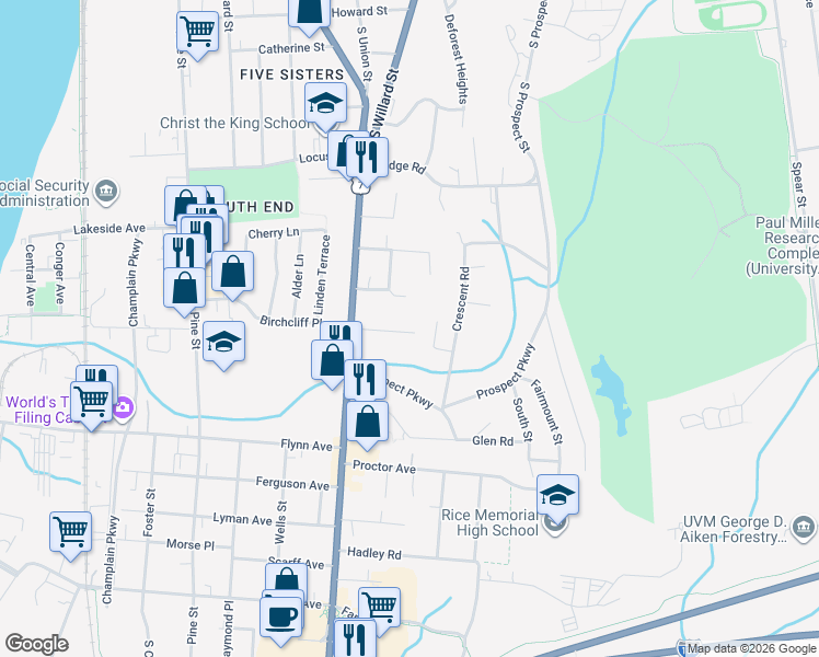 map of restaurants, bars, coffee shops, grocery stores, and more near 54 Clymer St in Burlington
