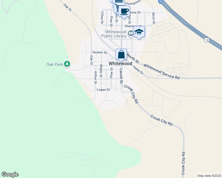 map of restaurants, bars, coffee shops, grocery stores, and more near 800 Pine Street in Whitewood