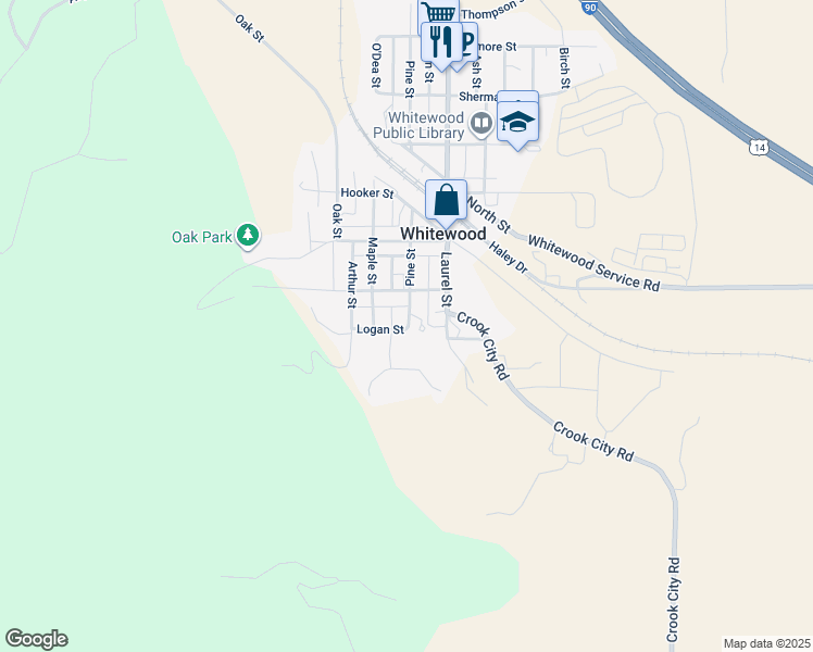 map of restaurants, bars, coffee shops, grocery stores, and more near 800-856 Pine St in Whitewood