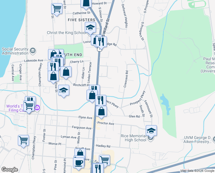 map of restaurants, bars, coffee shops, grocery stores, and more near 54 Clymer Street in Burlington