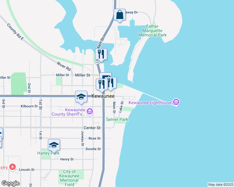 map of restaurants, bars, coffee shops, grocery stores, and more near 119 Ellis Street in Kewaunee