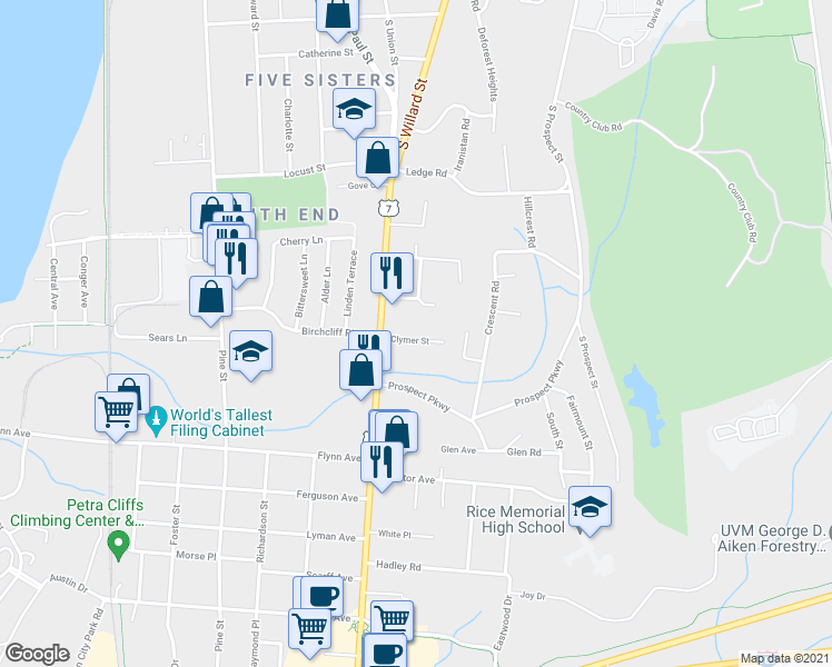 map of restaurants, bars, coffee shops, grocery stores, and more near 11-15 Clymer Street in Burlington