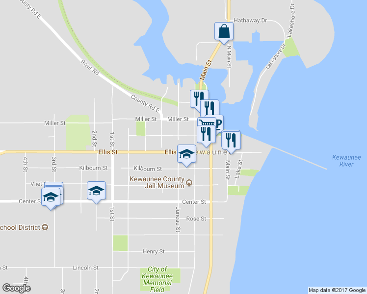 map of restaurants, bars, coffee shops, grocery stores, and more near 417 Ellis Street in Kewaunee