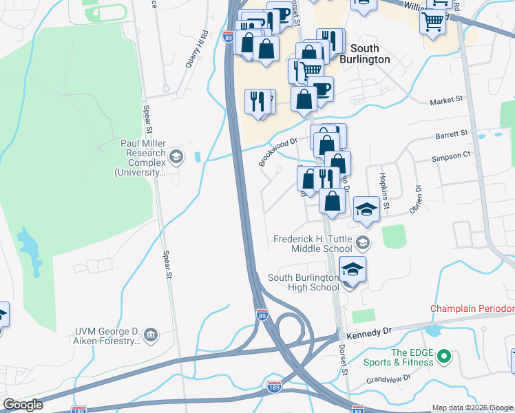 map of restaurants, bars, coffee shops, grocery stores, and more near 97 Oakwood Drive in South Burlington