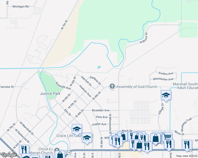 map of restaurants, bars, coffee shops, grocery stores, and more near 502 Darlene Drive in Marshall