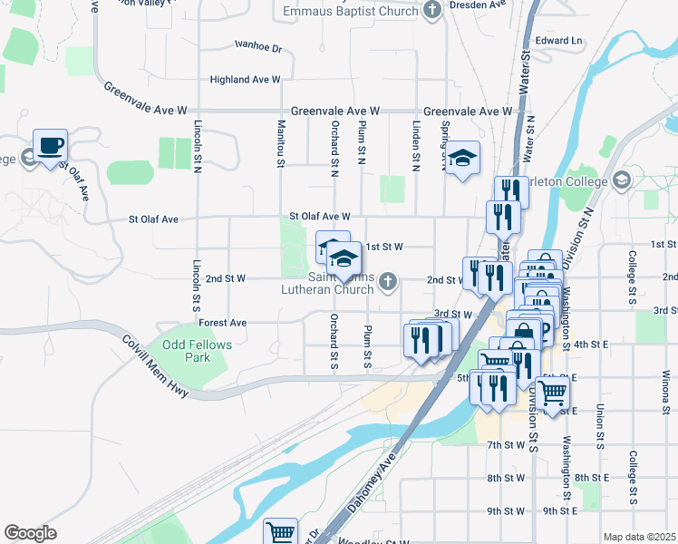 map of restaurants, bars, coffee shops, grocery stores, and more near 117 Orchard Street South in Northfield