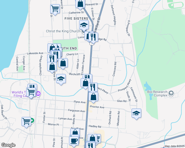 map of restaurants, bars, coffee shops, grocery stores, and more near 11-15 Clymer Street in Burlington