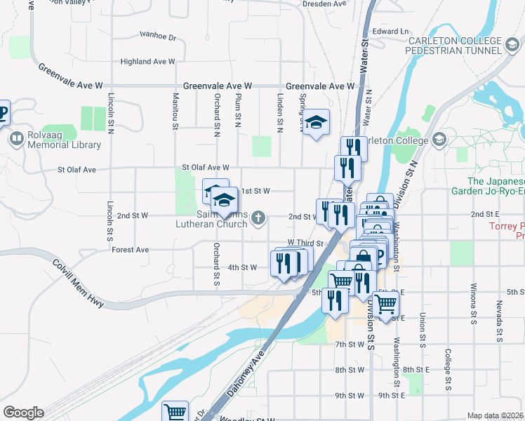 map of restaurants, bars, coffee shops, grocery stores, and more near in Northfield