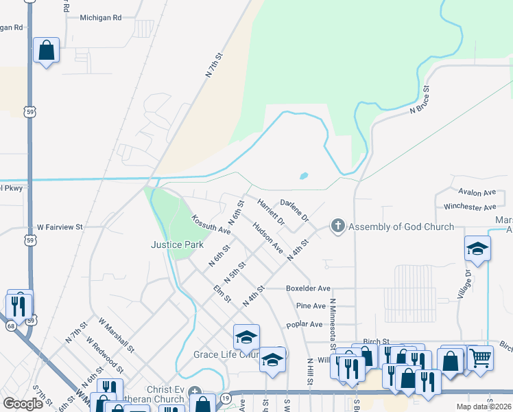 map of restaurants, bars, coffee shops, grocery stores, and more near 521 Harriett Drive in Marshall