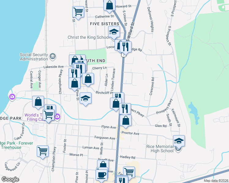 map of restaurants, bars, coffee shops, grocery stores, and more near 147 Birchcliff Parkway in Burlington