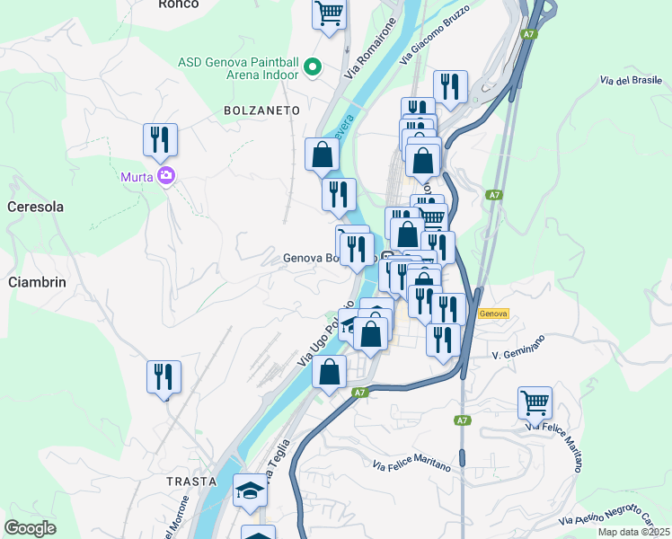 map of restaurants, bars, coffee shops, grocery stores, and more near 5 R Via Antonietta Massuccone Mazzini in Genova