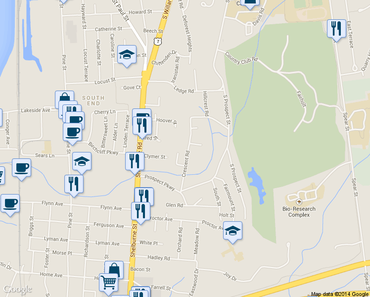 map of restaurants, bars, coffee shops, grocery stores, and more near 75 Crescent Road in Burlington