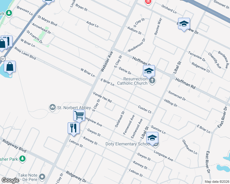 map of restaurants, bars, coffee shops, grocery stores, and more near 156 Custer Court in Allouez