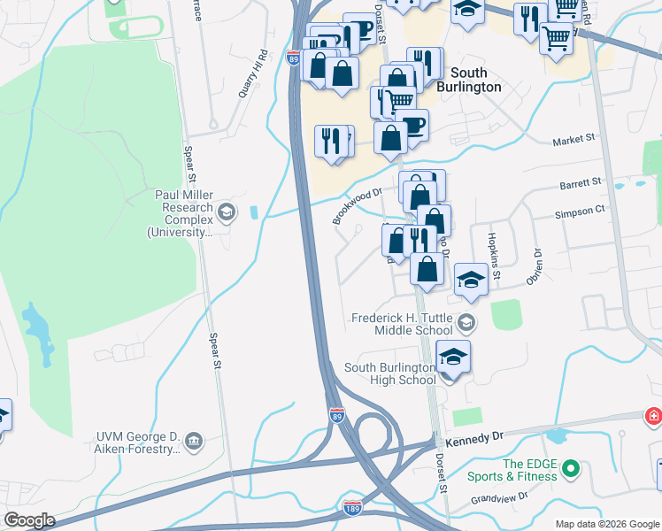 map of restaurants, bars, coffee shops, grocery stores, and more near 15 Woodside Drive in South Burlington