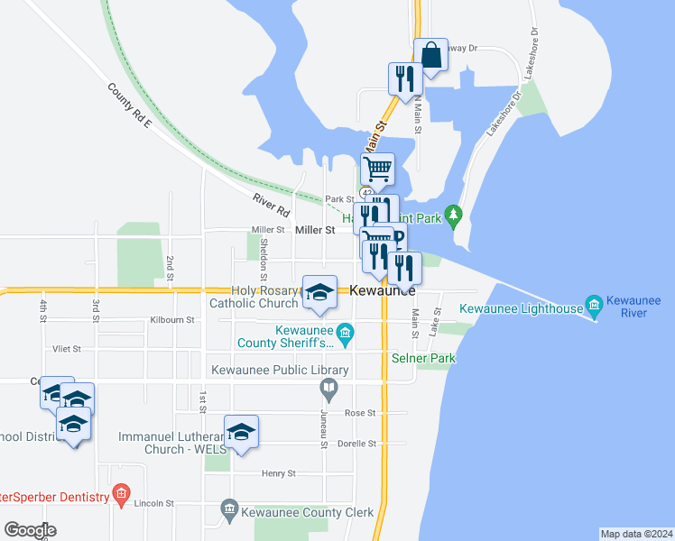 map of restaurants, bars, coffee shops, grocery stores, and more near 417 Ellis Street in Kewaunee