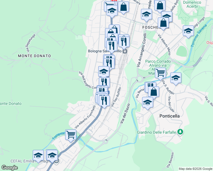 map of restaurants, bars, coffee shops, grocery stores, and more near Via Toscana in Bologna