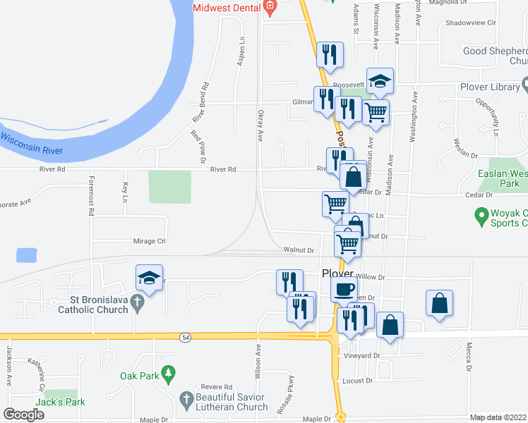 map of restaurants, bars, coffee shops, grocery stores, and more near 2072 Okray Avenue in Plover