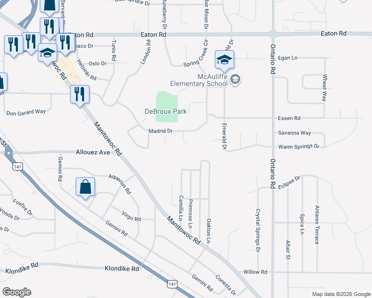 map of restaurants, bars, coffee shops, grocery stores, and more near 2260 Nottingham Court in Green Bay