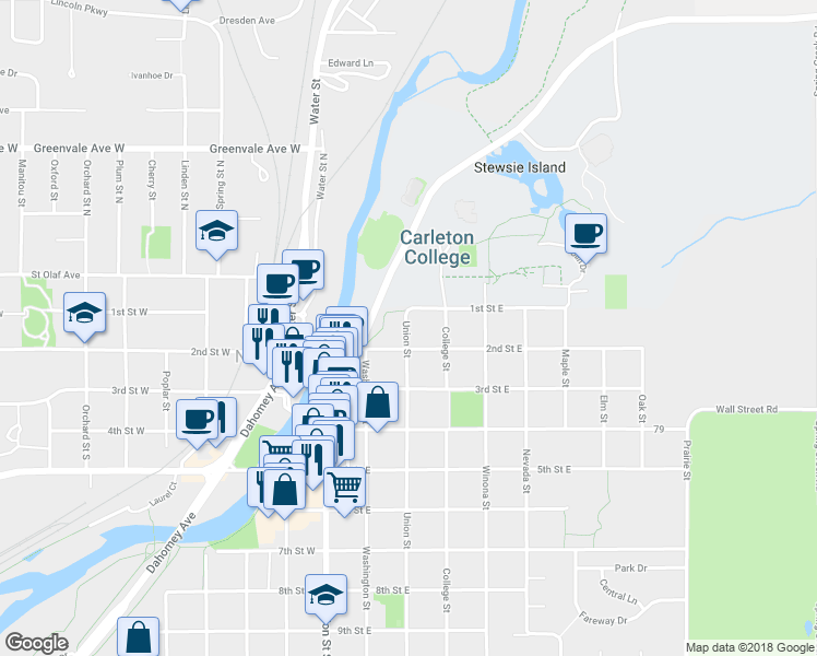 map of restaurants, bars, coffee shops, grocery stores, and more near 109 Union Street in Northfield