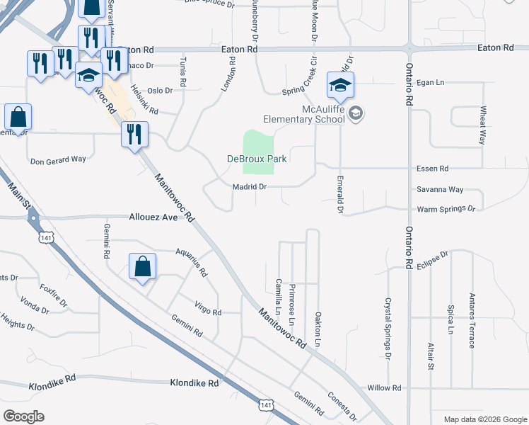 map of restaurants, bars, coffee shops, grocery stores, and more near 2260 Nottingham Court in Green Bay