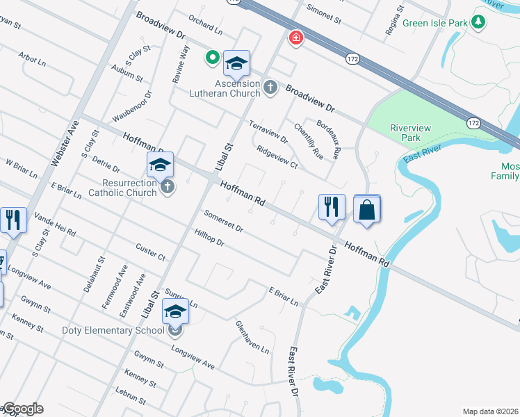 map of restaurants, bars, coffee shops, grocery stores, and more near 3319 Camelia Court in Allouez
