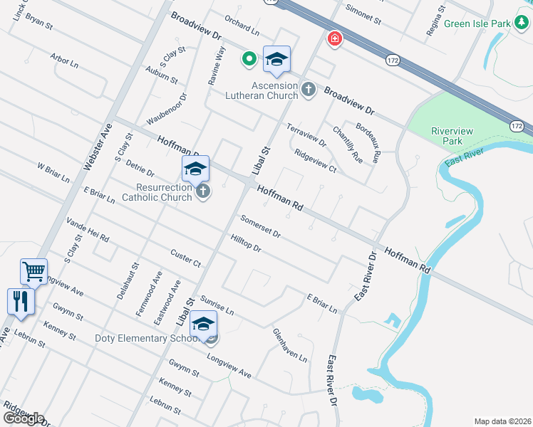 map of restaurants, bars, coffee shops, grocery stores, and more near 521 Somerset Drive in Green Bay