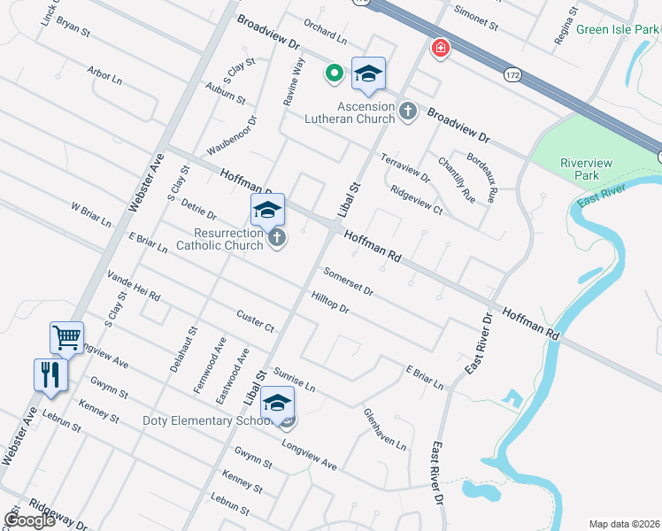 map of restaurants, bars, coffee shops, grocery stores, and more near 3425 Libal Street in Green Bay