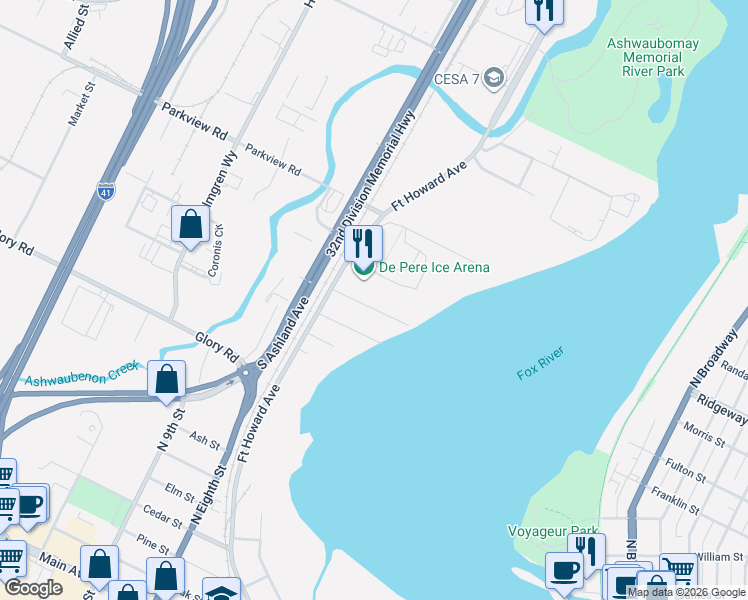 map of restaurants, bars, coffee shops, grocery stores, and more near 600 Fairview Avenue in De Pere