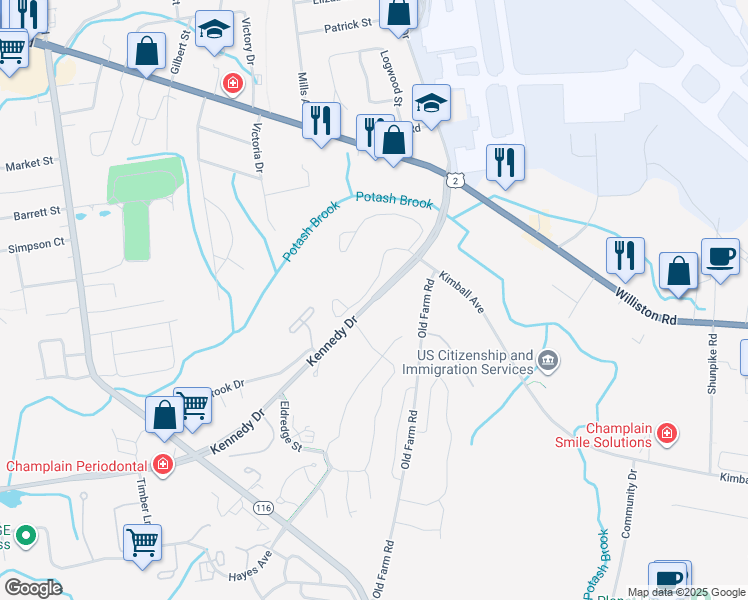 map of restaurants, bars, coffee shops, grocery stores, and more near 155 Kennedy Drive in South Burlington