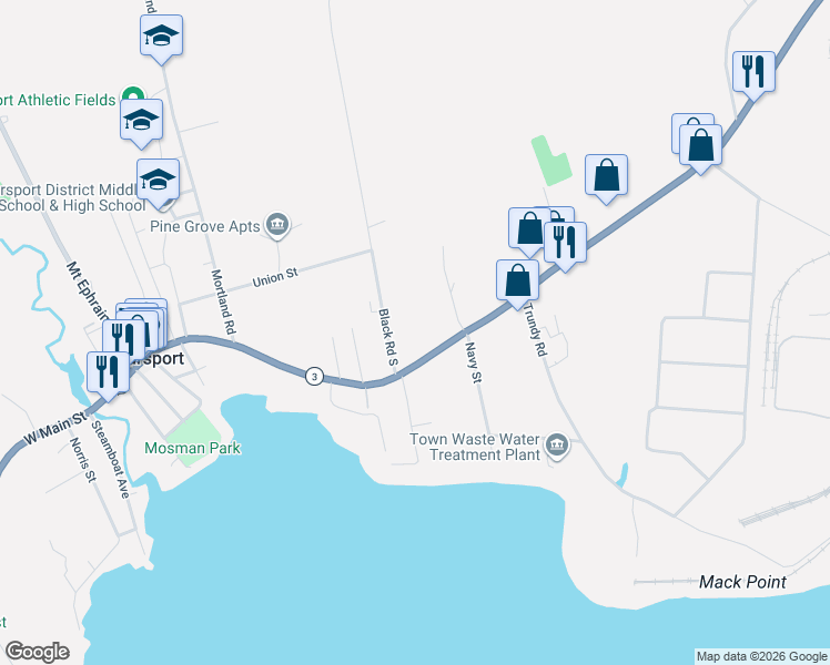 map of restaurants, bars, coffee shops, grocery stores, and more near 126 East Main Street in Searsport