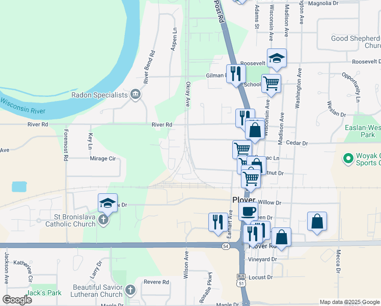 map of restaurants, bars, coffee shops, grocery stores, and more near 2020 Okray Avenue in Plover