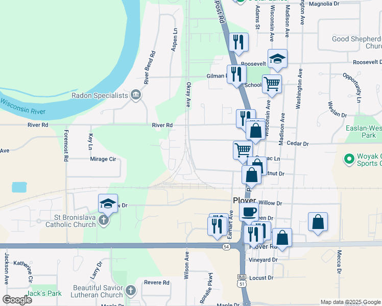 map of restaurants, bars, coffee shops, grocery stores, and more near 2012 Okray Avenue in Plover