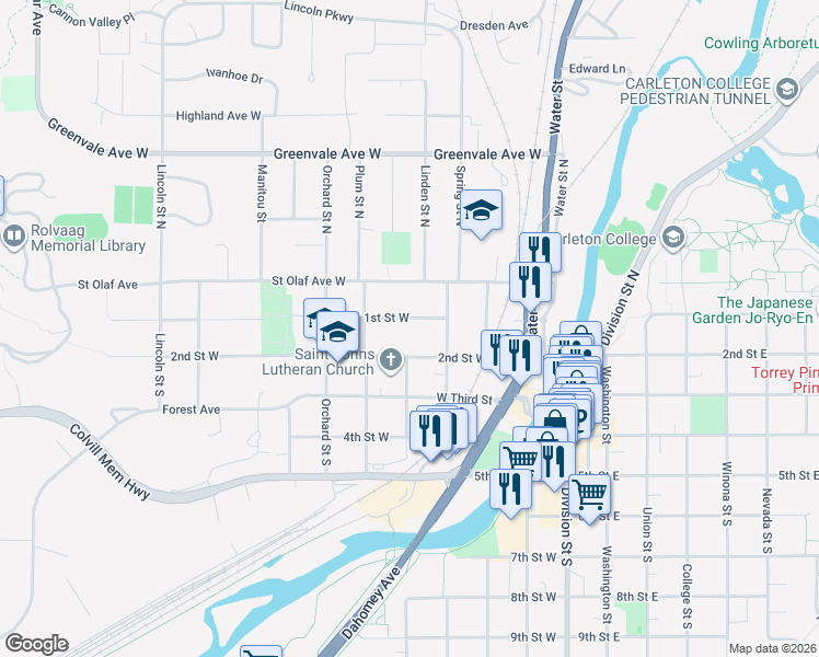 map of restaurants, bars, coffee shops, grocery stores, and more near in Northfield