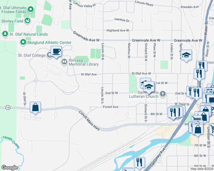 map of restaurants, bars, coffee shops, grocery stores, and more near 1009 1st Street West in Northfield