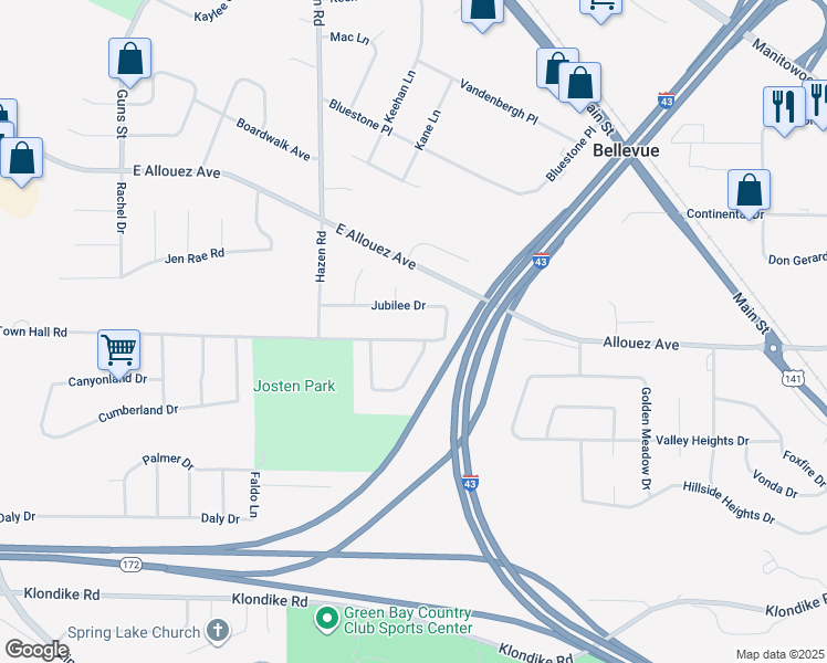 map of restaurants, bars, coffee shops, grocery stores, and more near 2372 Jubilee Drive in Green Bay