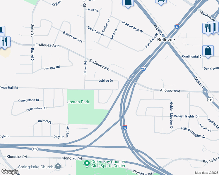 map of restaurants, bars, coffee shops, grocery stores, and more near 2372 Jubilee Drive in Green Bay