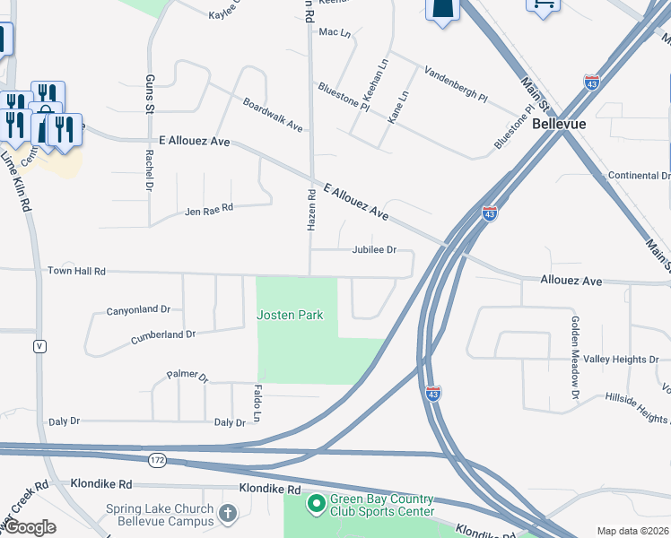 map of restaurants, bars, coffee shops, grocery stores, and more near 2314 Jubilee Drive in Green Bay