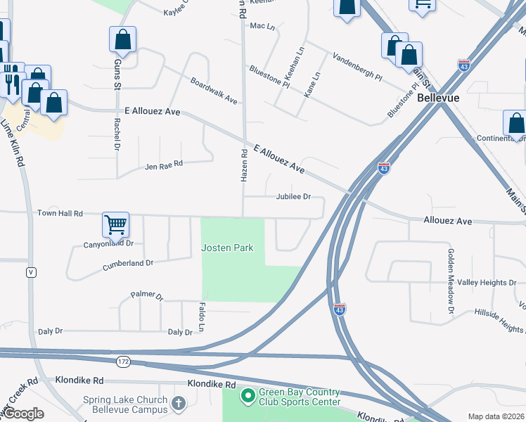 map of restaurants, bars, coffee shops, grocery stores, and more near 2314 Jubilee Drive in Green Bay