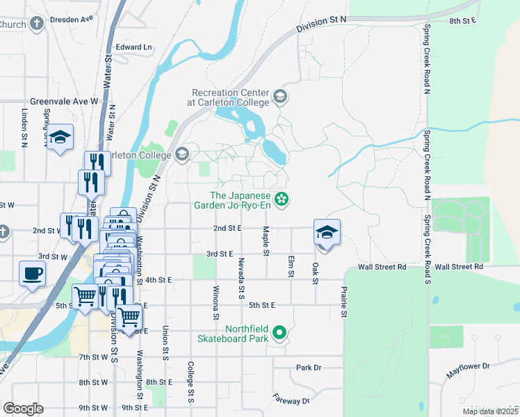 map of restaurants, bars, coffee shops, grocery stores, and more near 140 Nevada Street in Northfield