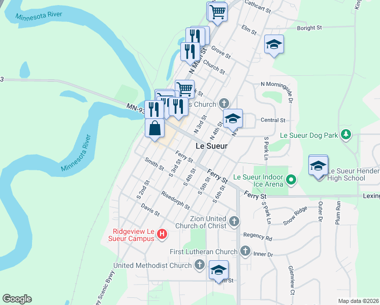 map of restaurants, bars, coffee shops, grocery stores, and more near 108 South 3rd Street in Le Sueur
